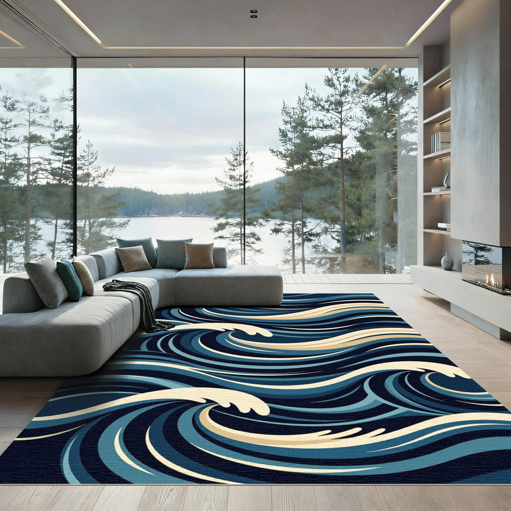 Naval Blue Swirling Water Curves Rug