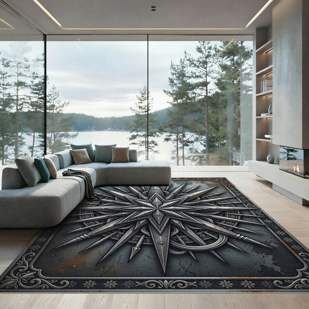 Metallic Silver Celestial Compass Star Rug