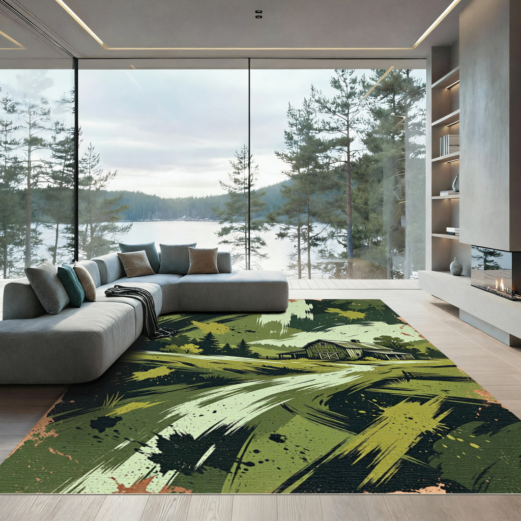 Abstract Green Rustic Farmhouse Meadow Rug