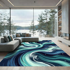 Swirling Teal and Navy Abstract Waves Rug