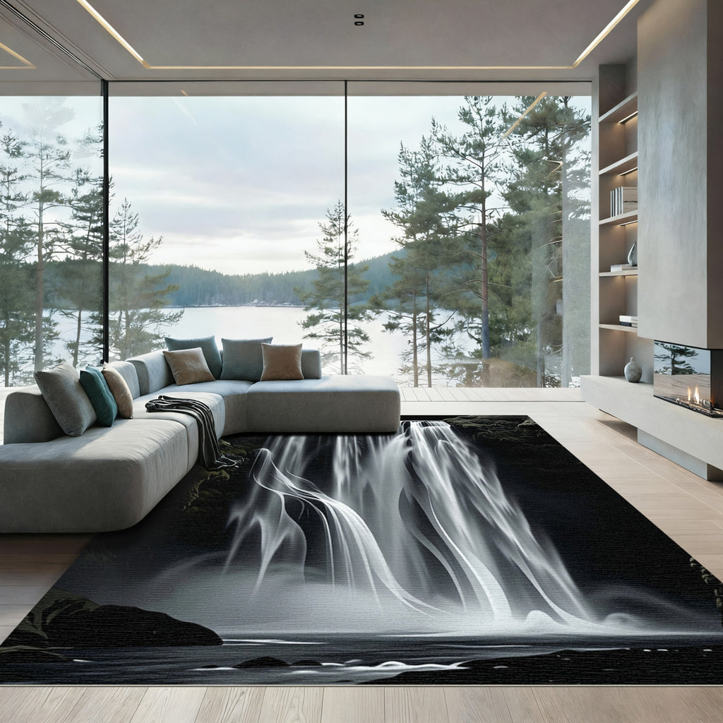 Dramatic Monochrome Waterfall Scene Rug
