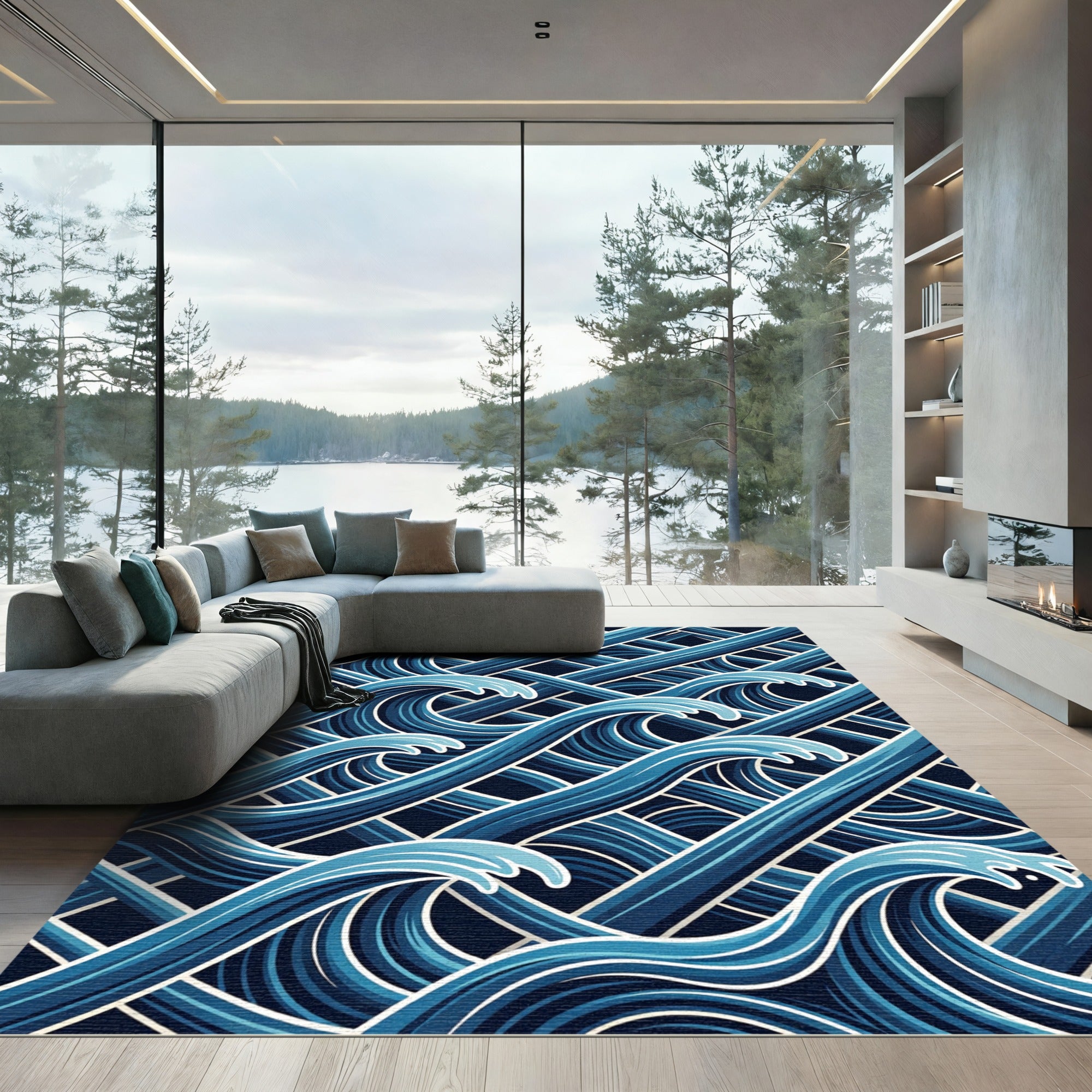 Modern Blue Abstract Geometric Ocean Wave Rug