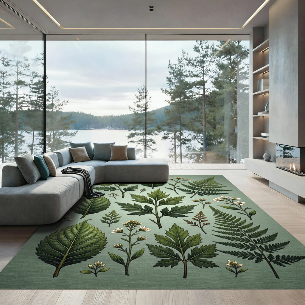 Botanical Sage Pressed Fern Leaf Illustration Rug