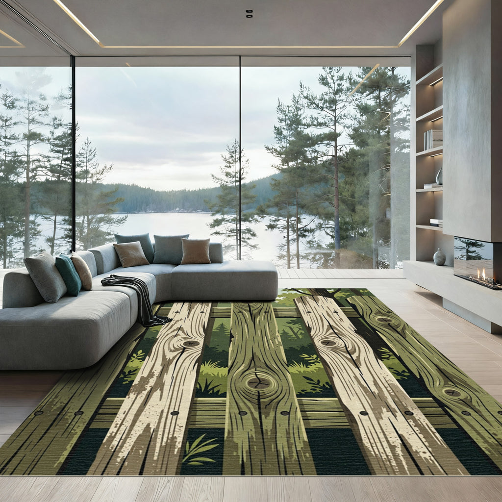 Rustic Weathered Forest Fence Wood Rug