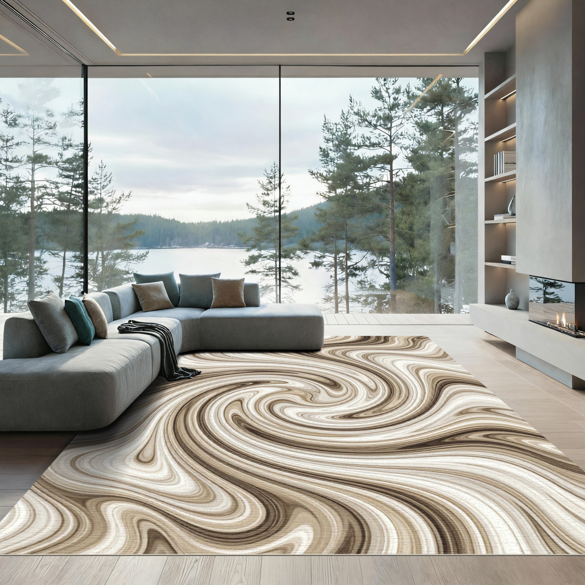 Cream and Mocha Abstract Swirl Rug