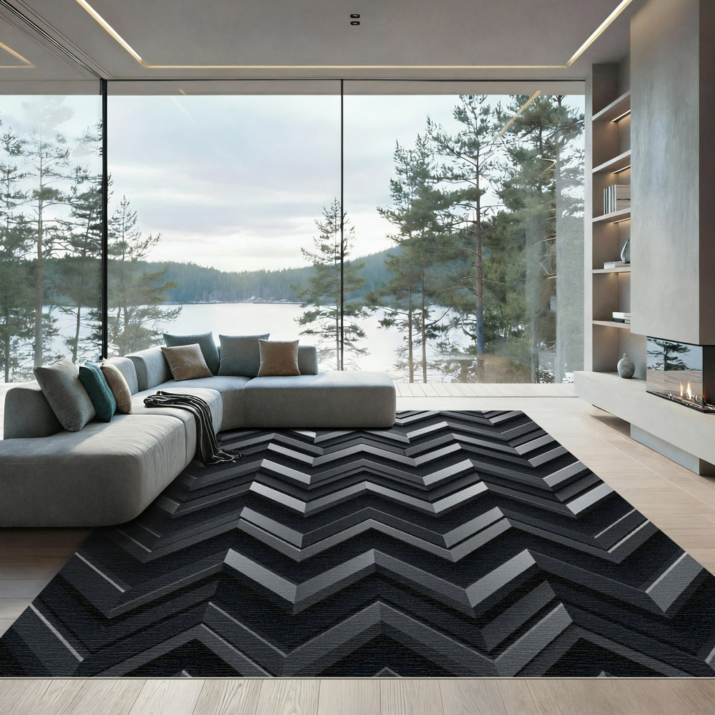 Charcoal Gray Layered Chevron Rug