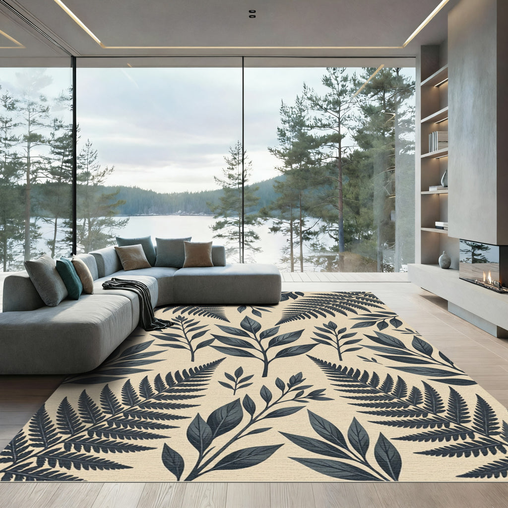 Charcoal Fern and Leaf Botanical Foliage Rug