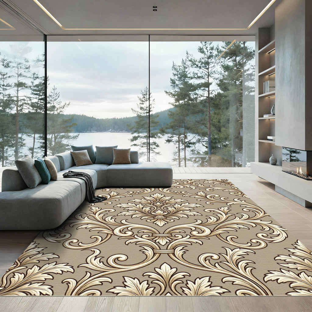 Elegant Taupe Damask Scroll Floral Rug