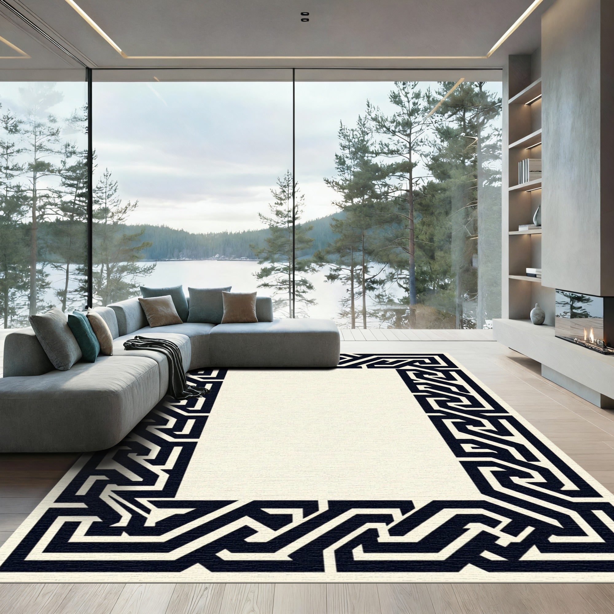 Dark Blue Interlocking Geometric Frame Rug