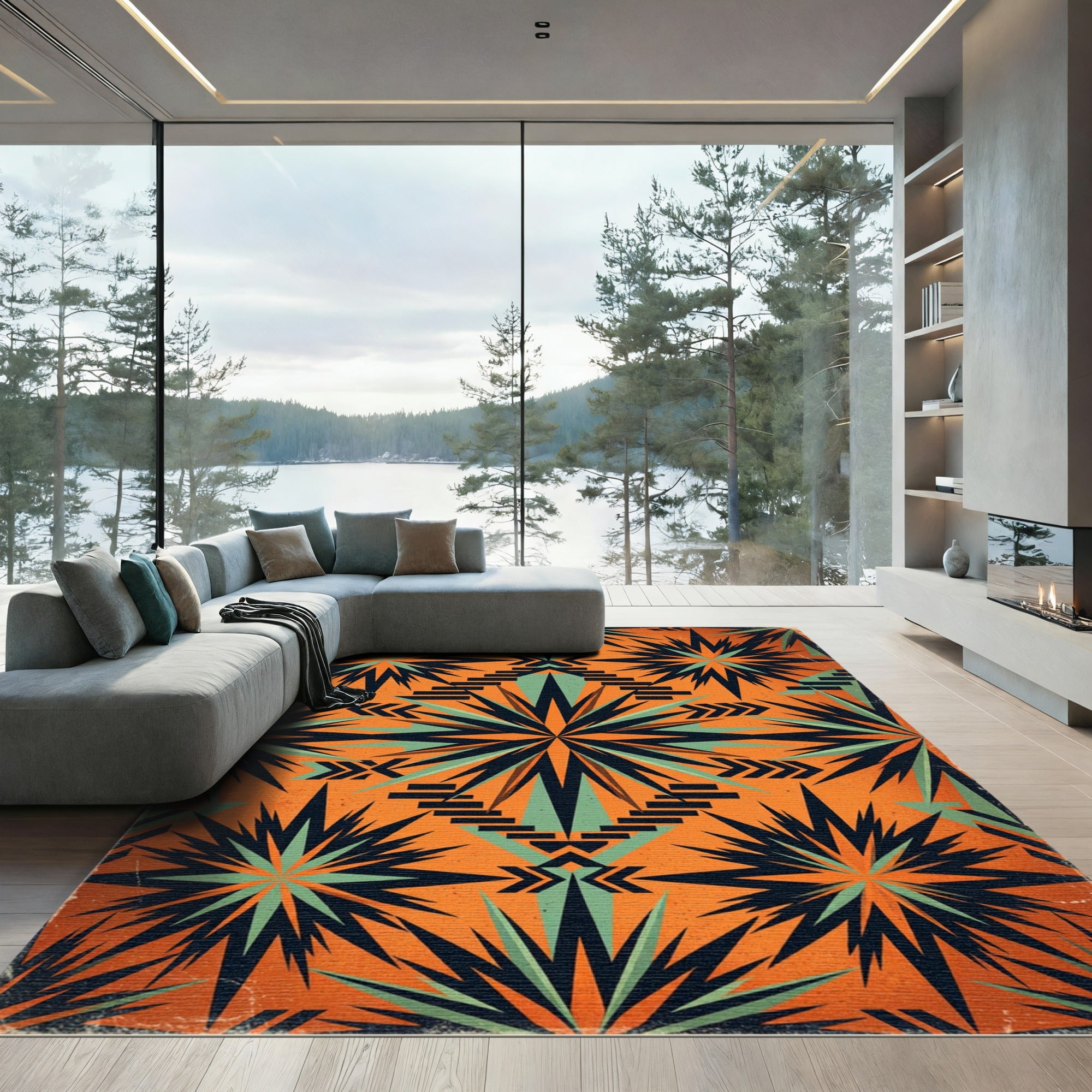 Geometric Sunburst Orange and Teal Rug