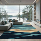 Earthy Blue Abstract Coastal Wave Rug