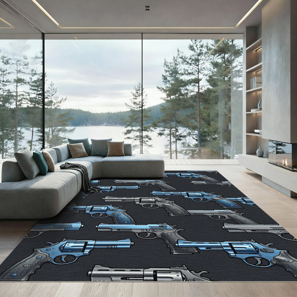 Metallic Blue Revolver Pistol Illustration Rug