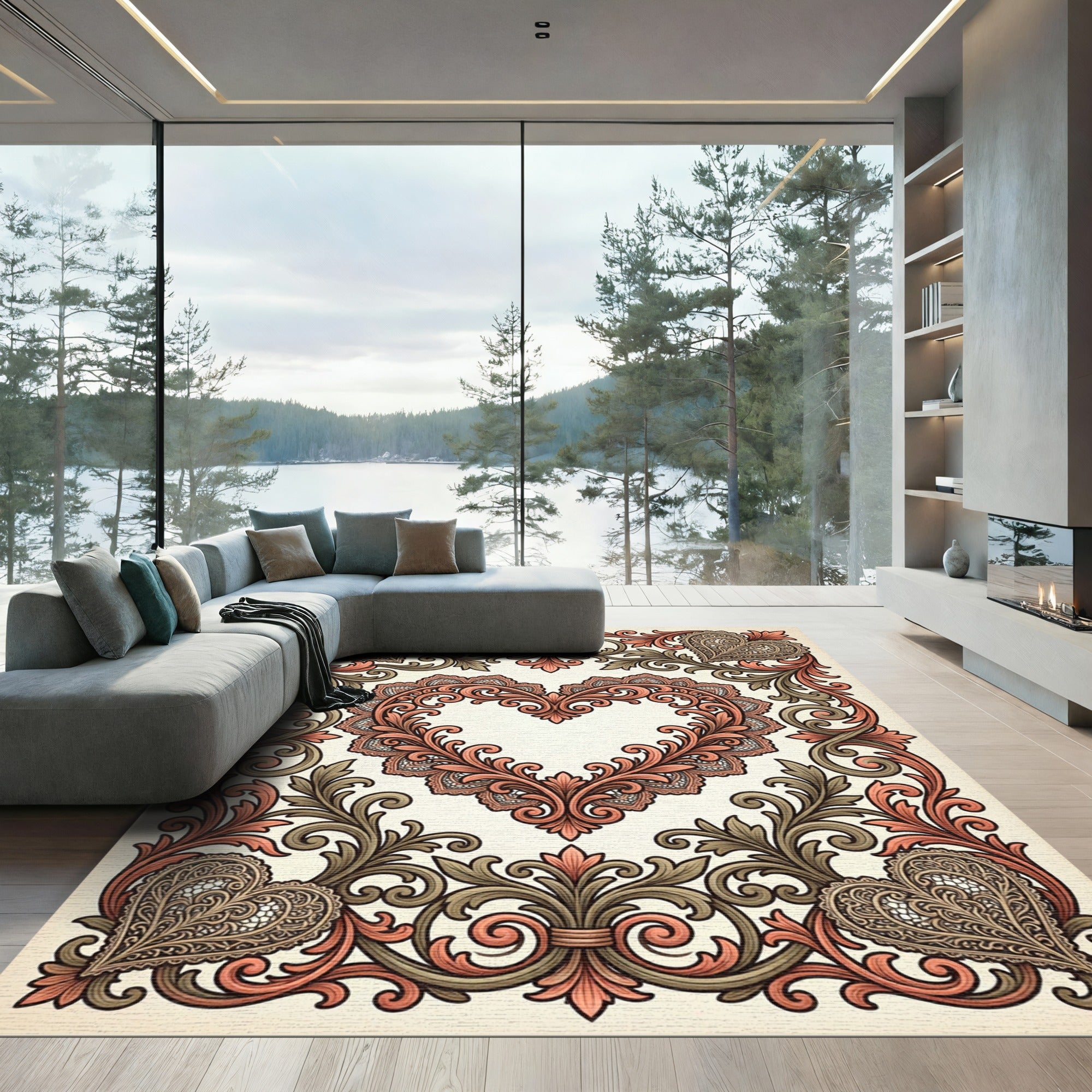 Ornate Coral Heart Vine Scroll Rug
