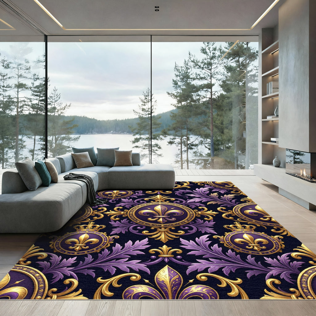 Royal Purple Golden Fleur-de-lis Damask Rug