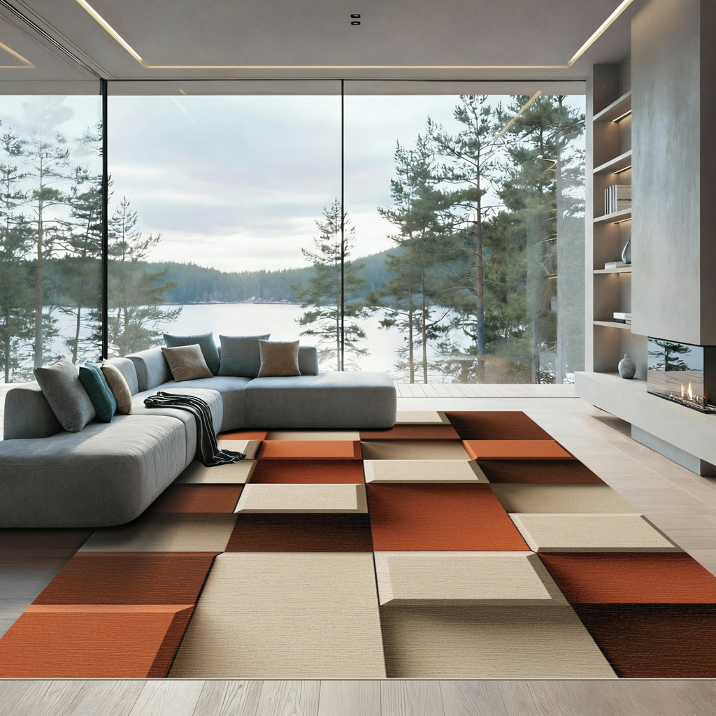 Terracotta Brown Cream Block Arrangement Rug