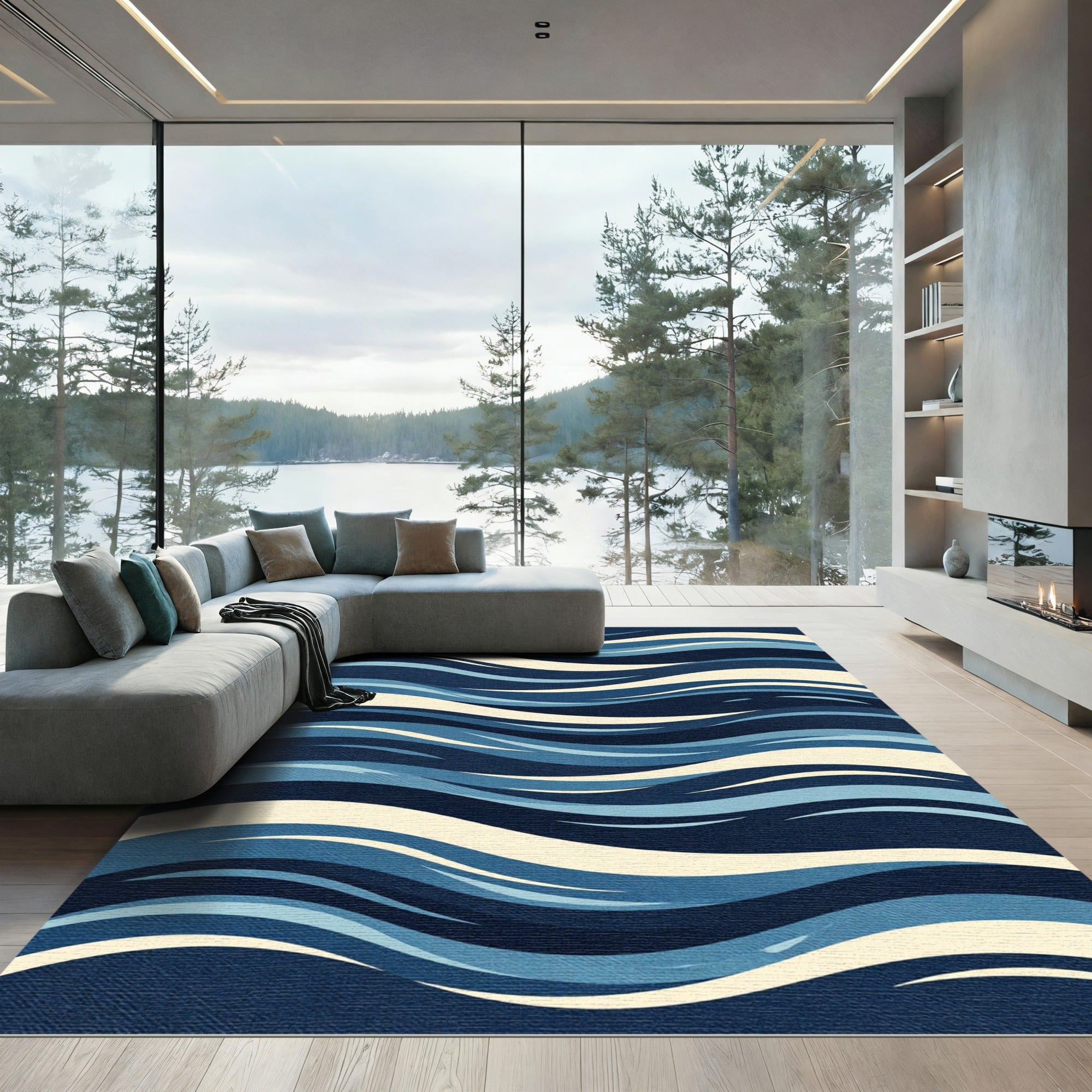 Navy Blue Flowing Wave Abstract Rug