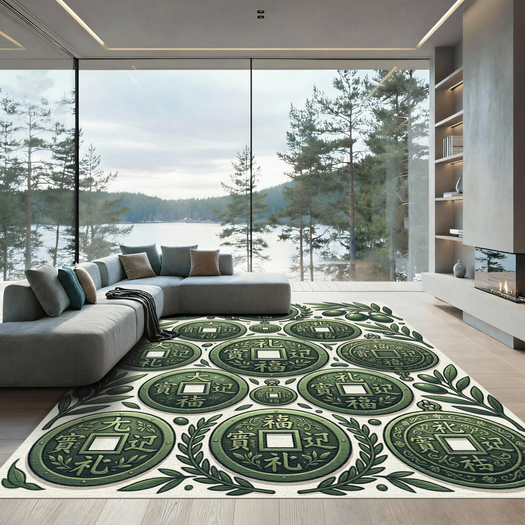 Olive Green Ancient Coin Botanical Arrangement Rug