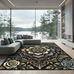 Elegant Gold and Charcoal Floral Medallion Rug