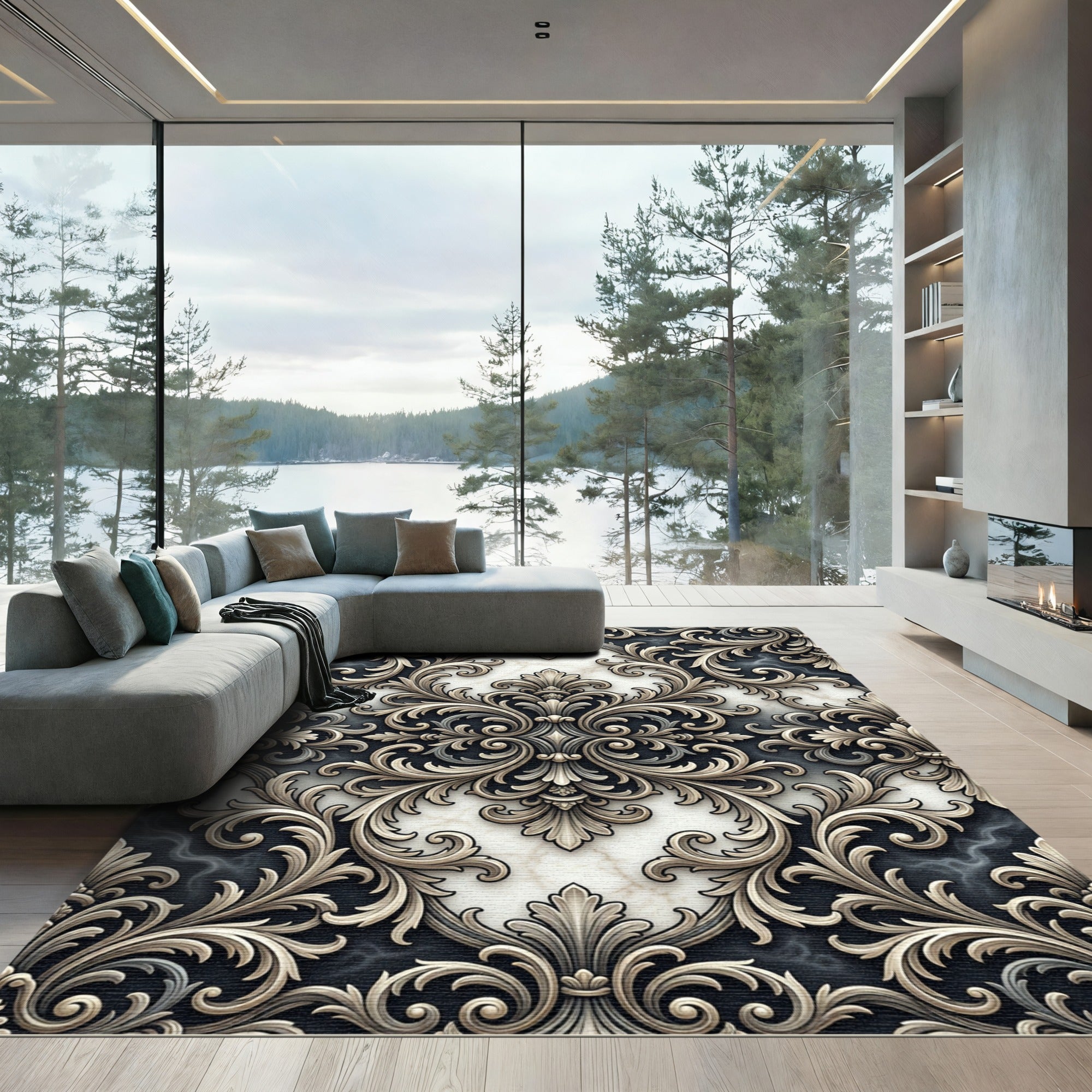 Ornate Gold and Marble Acanthus Swirl Rug