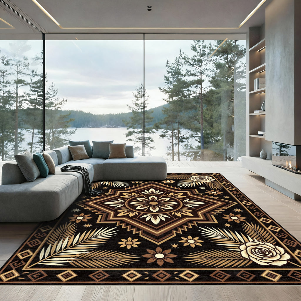 Golden Black Floral Palm Medallion Rug