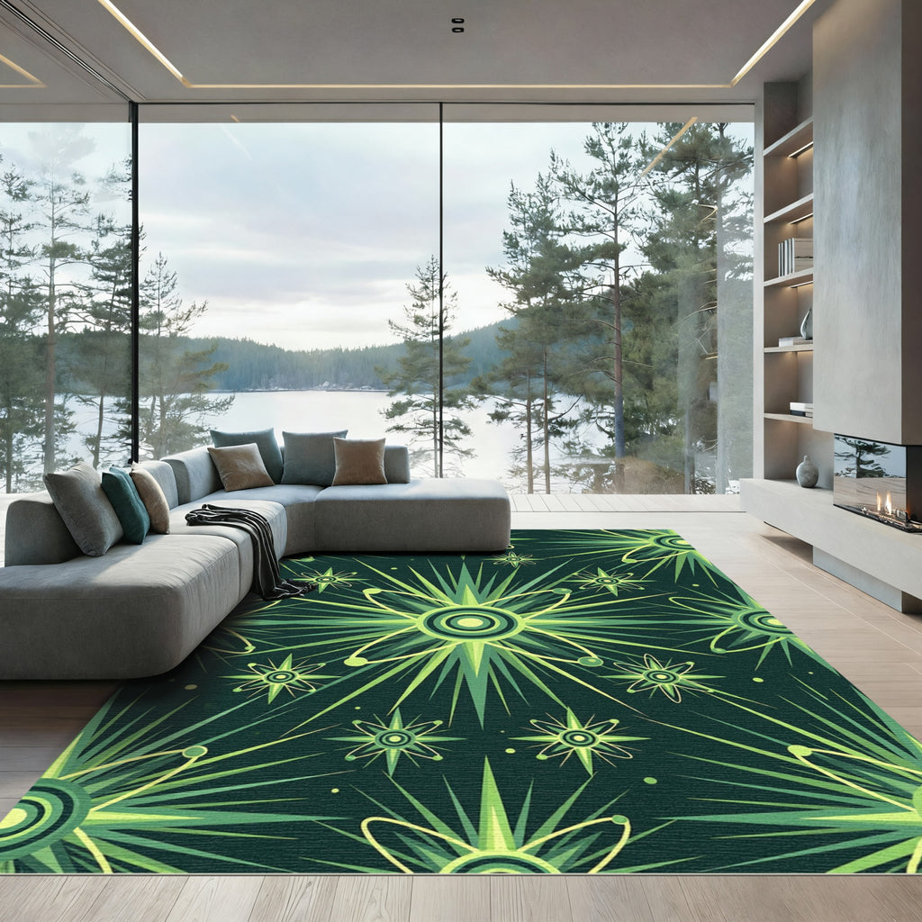 Green Atomic Starburst Radiating Orbits Rug