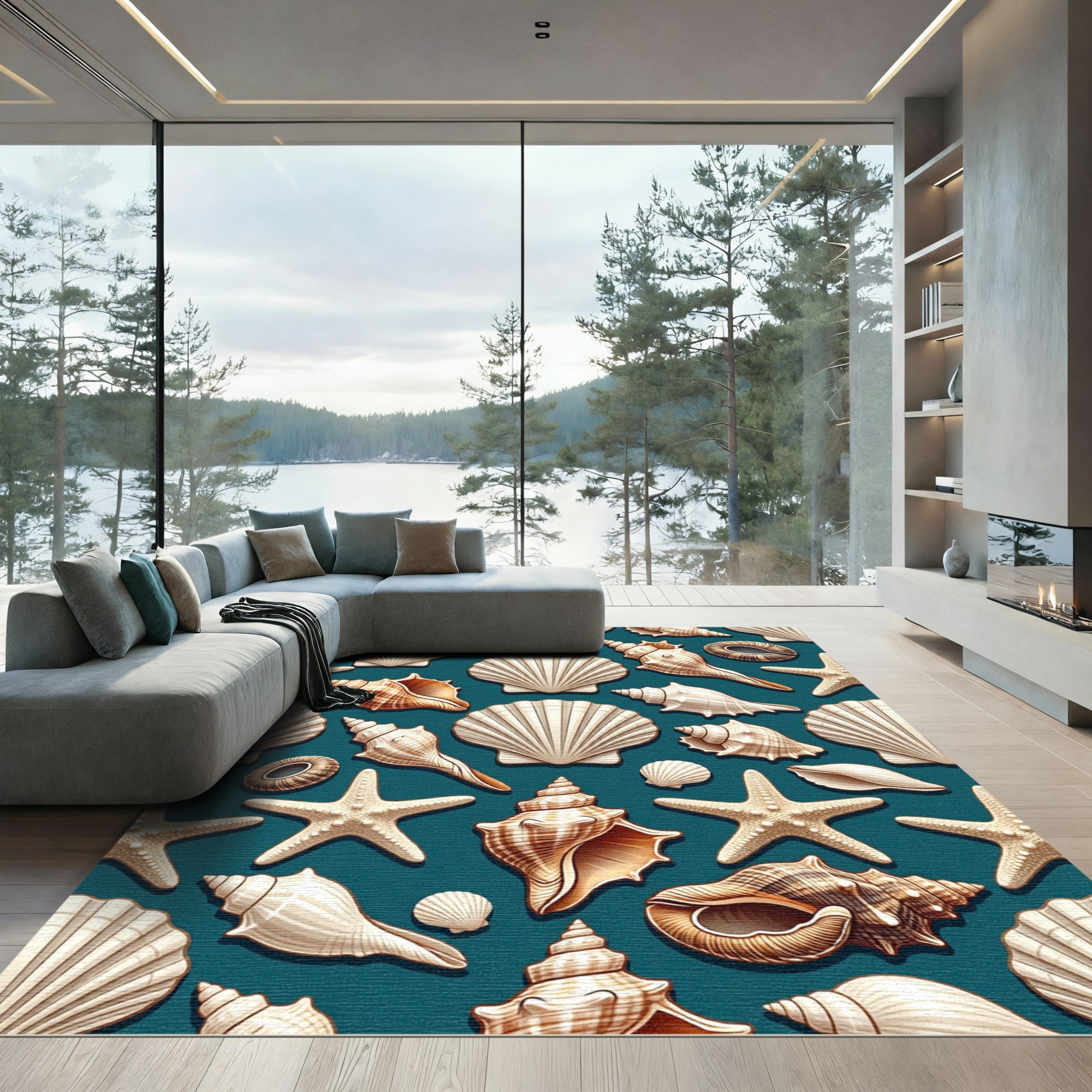 Elegant White Seashell Coastal Teal Backdrop Rug