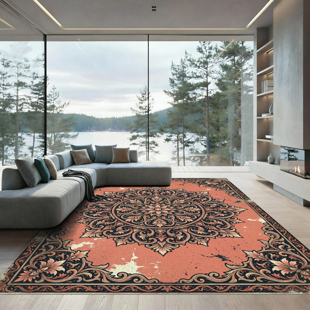 Coral Black Ornate Floral Mandala Rug