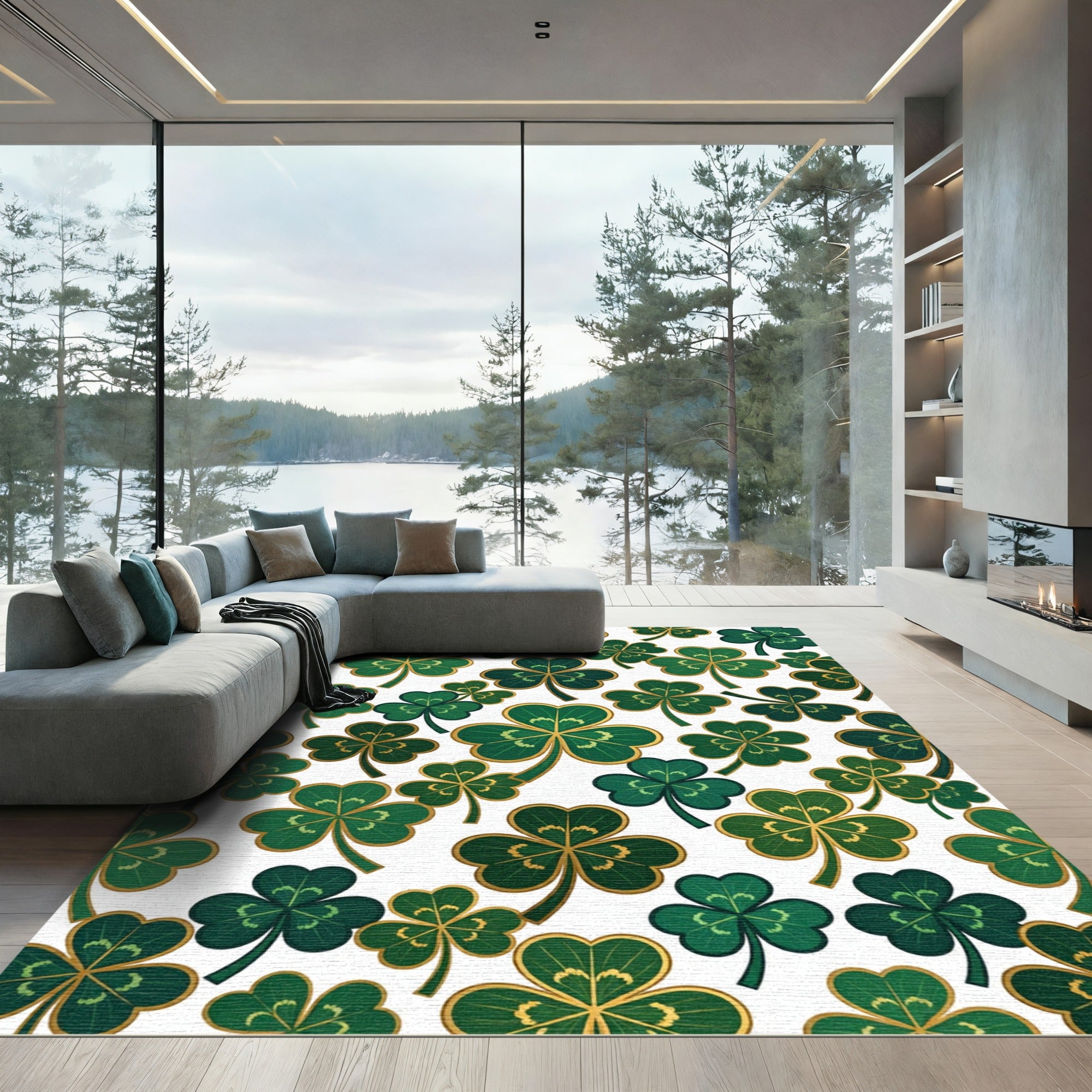 Golden Shamrock Clover Botanical Illustration Rug