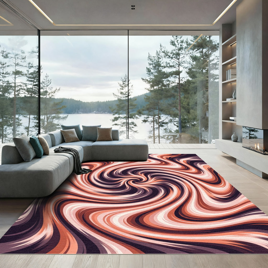 Coral And Plum Swirl Abstract Rug