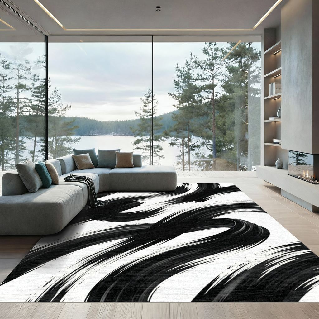 Bold Black Brushstroke Swirl Rug