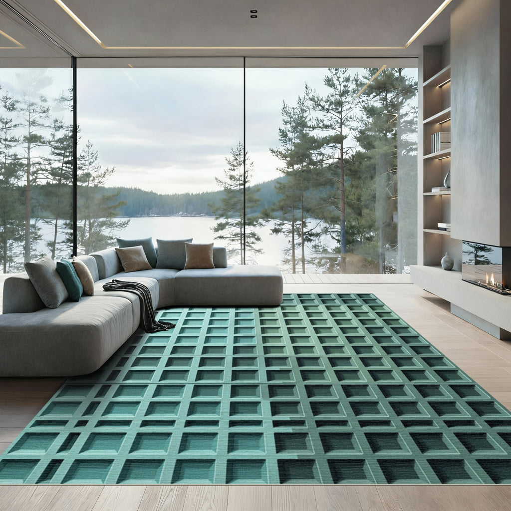 Modern Teal Grid Geometric Textured Rug