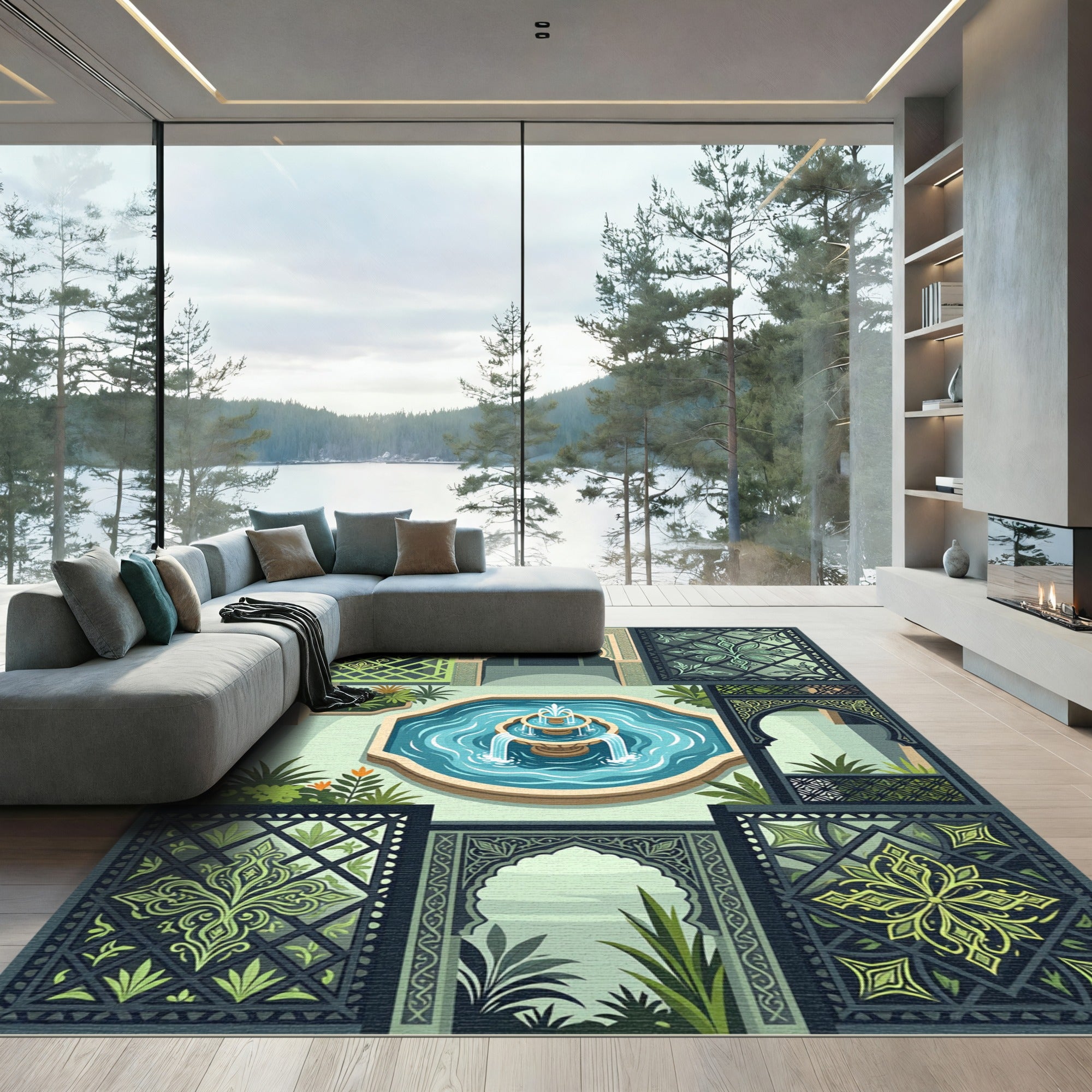 Green Geometric Courtyard Fountain Medallion Rug
