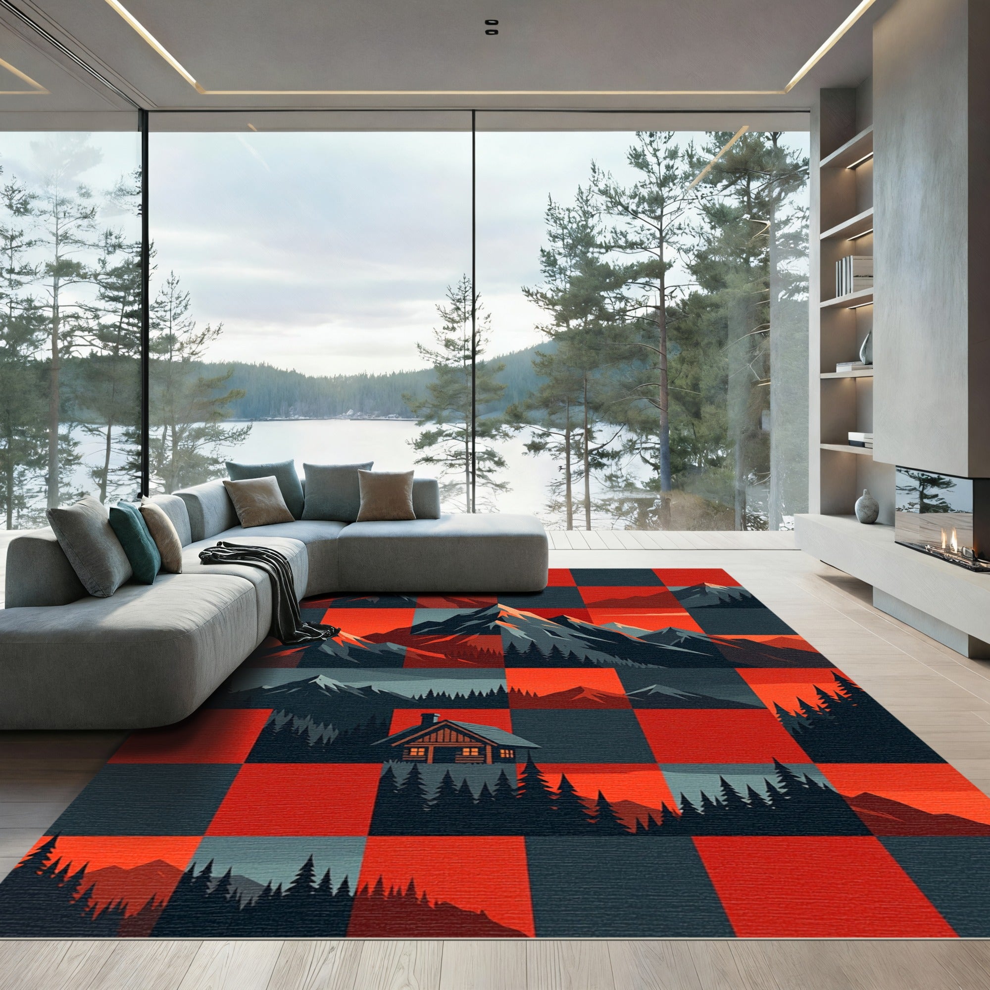 Rustic Red Black Mountain Cabin Landscape Rug