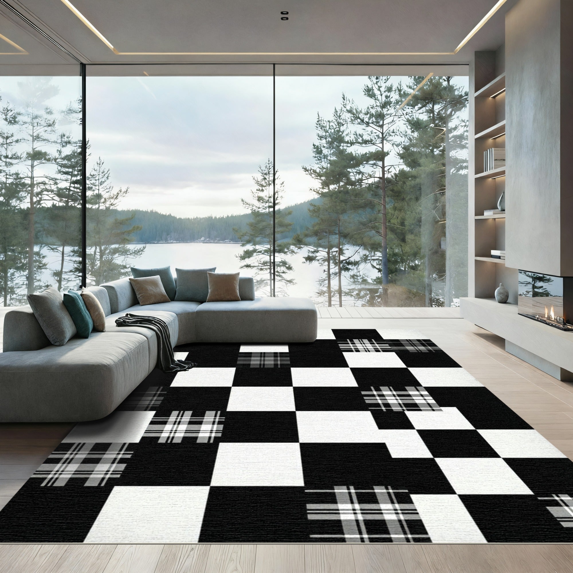 Black and White Plaid Checkerboard Aesthetic Rug