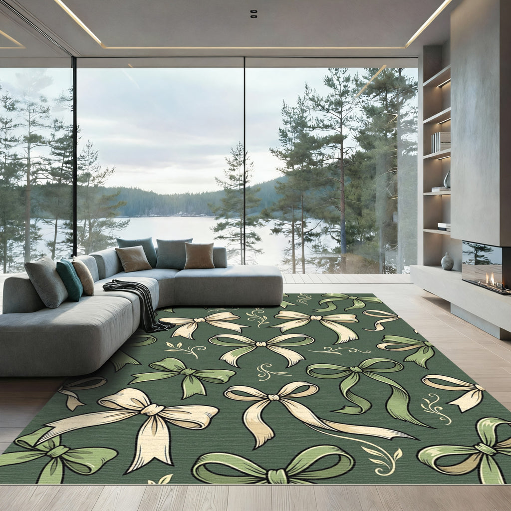 Elegant Sage Cream Bow Floral Accents Rug