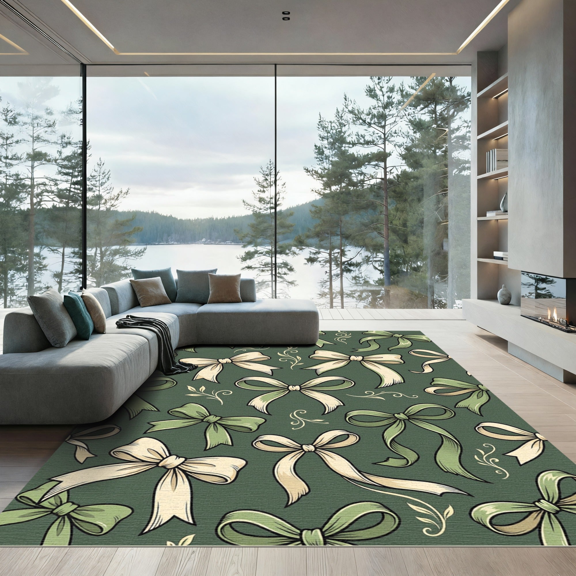 Elegant Sage Cream Bow Floral Accents Rug