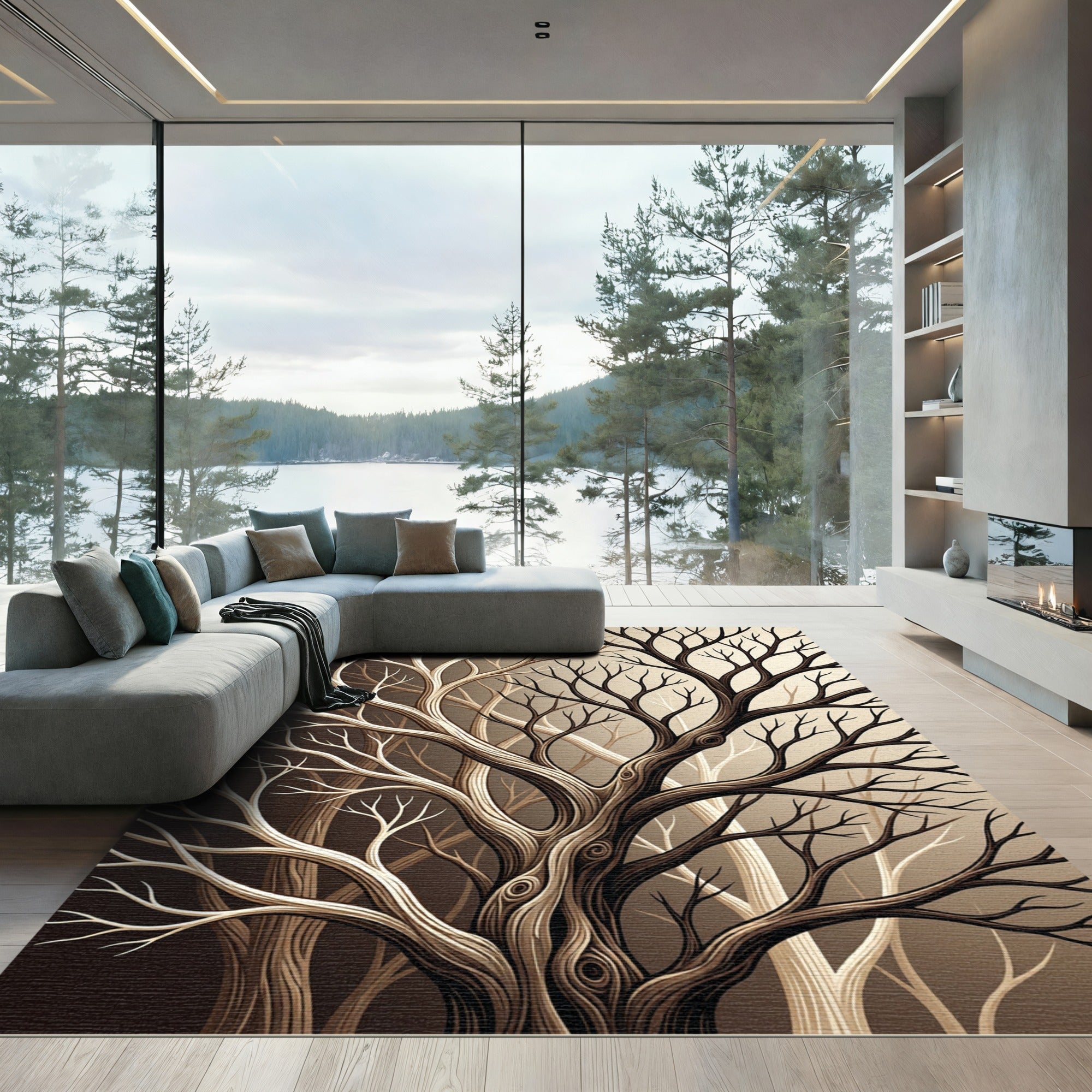 Earthy Brown Branch Abstract Composition Rug