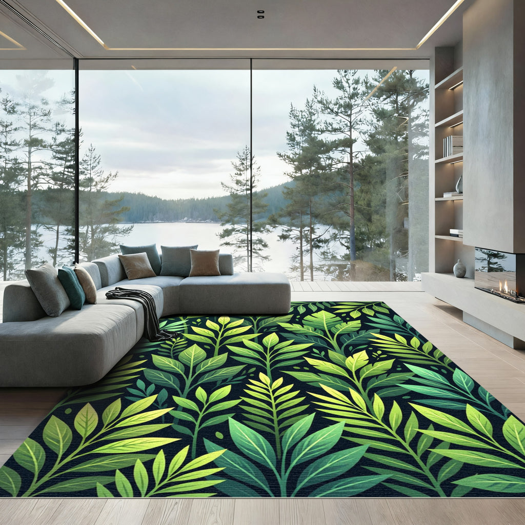 Lush Green Leaf Botanical Panorama Rug