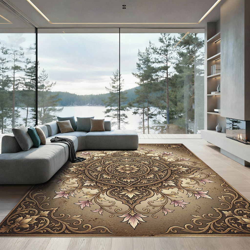 Vintage Golden Floral Medallion Scroll Rug