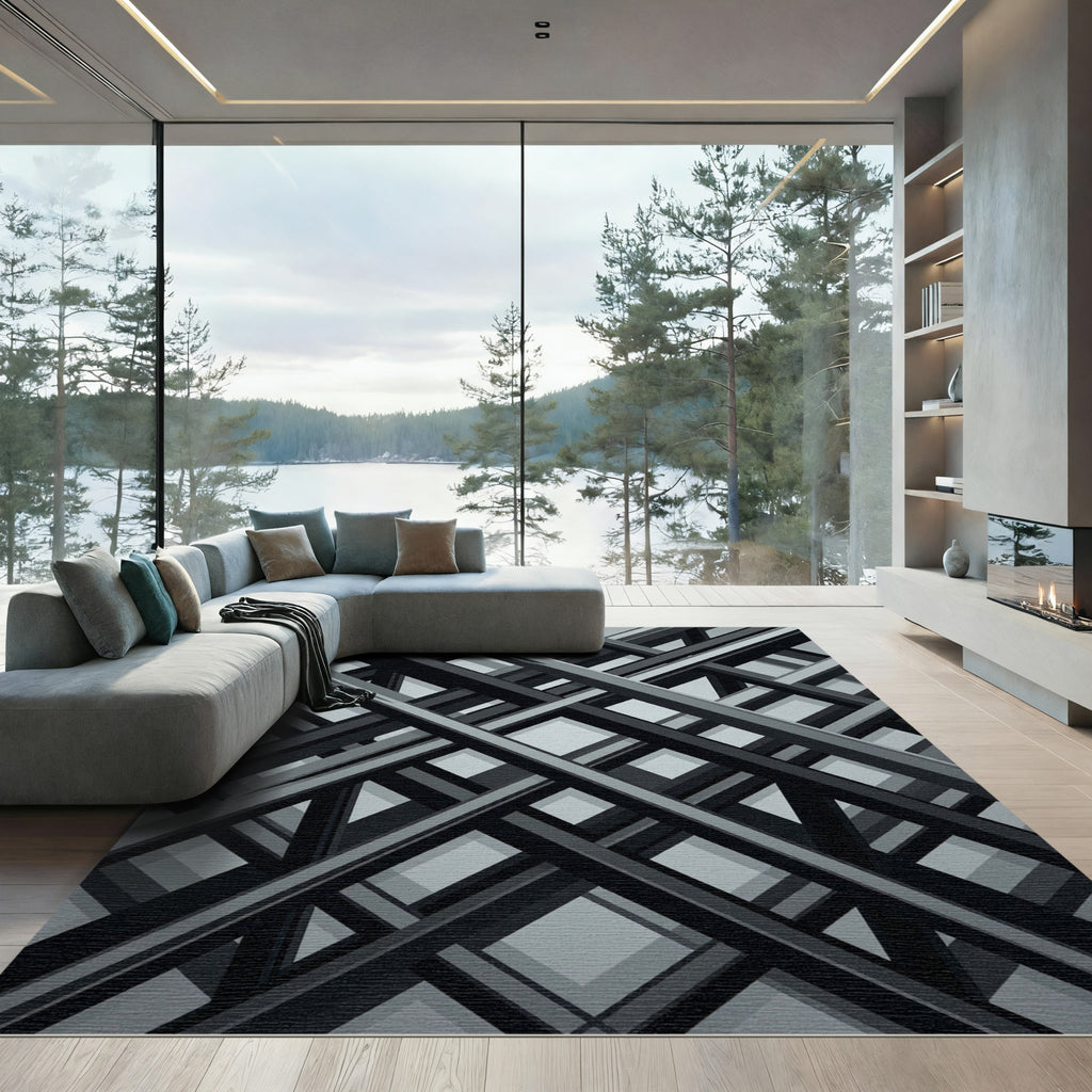 Monochrome Geometric Abstract Intersecting Lines Rug