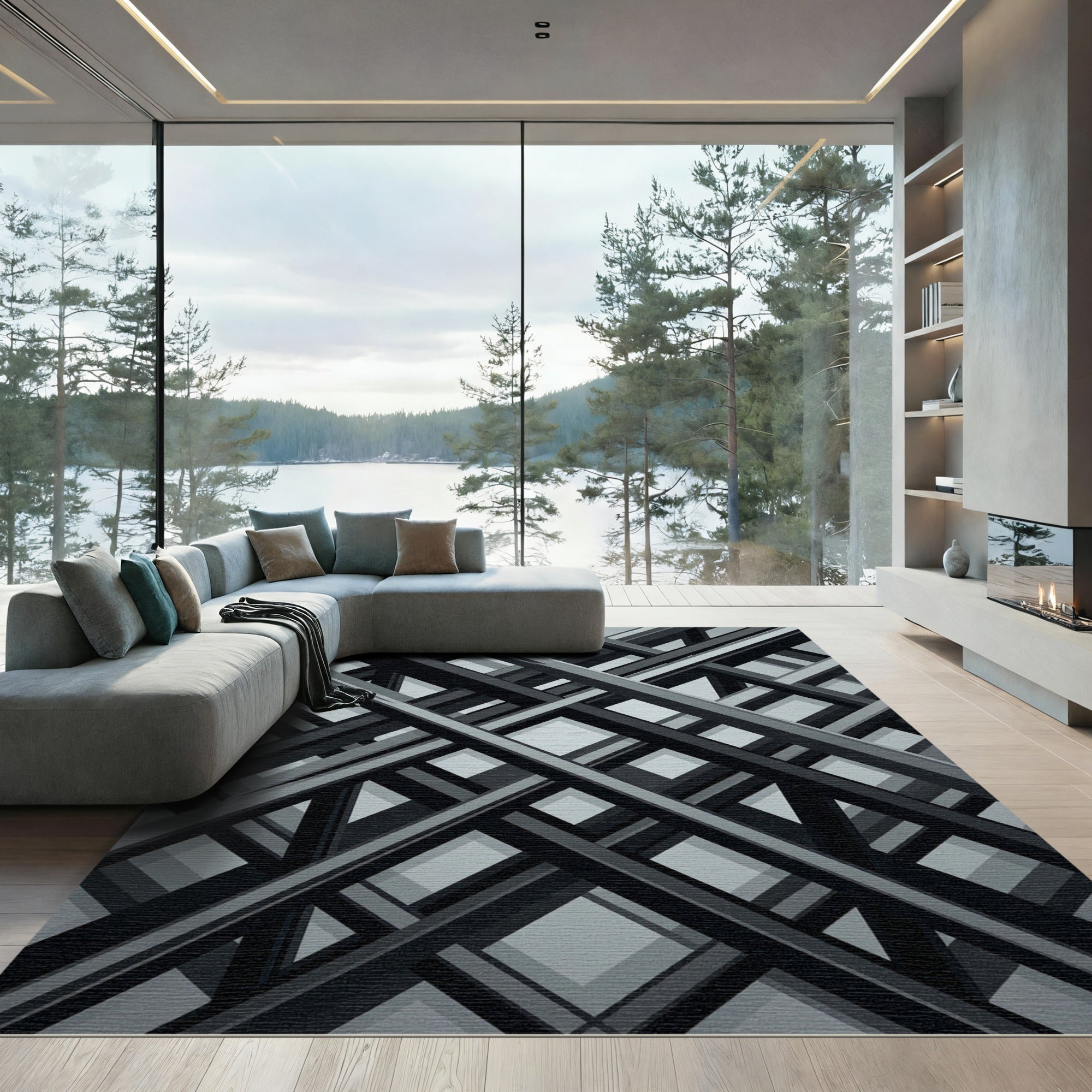 Monochrome Geometric Abstract Intersecting Lines Rug