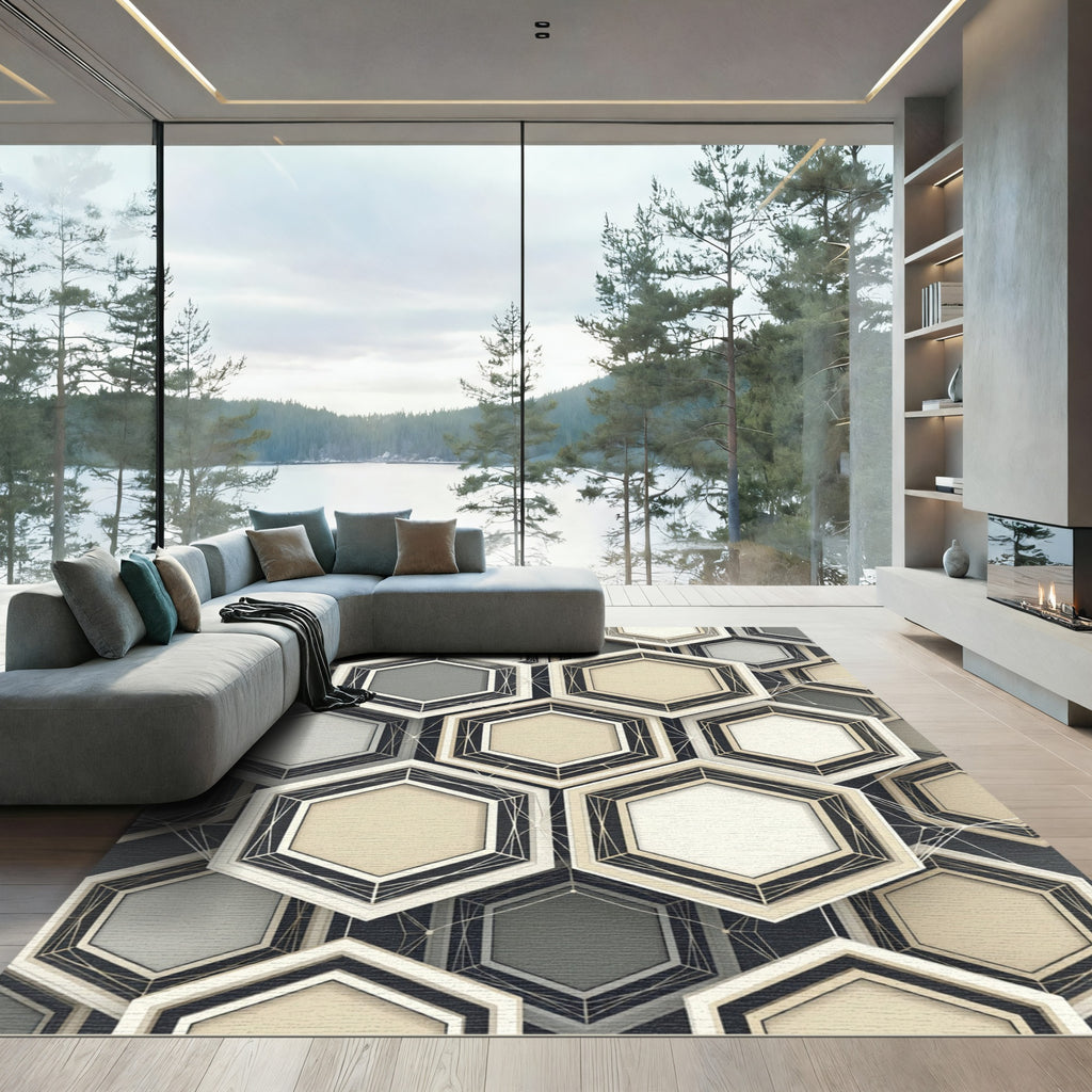 Sophisticated Monochrome Geometric Hexagon Abstract Rug