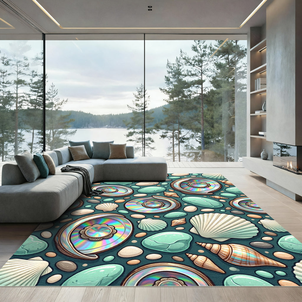 Iridescent Seashell and Pebble Coastal Stream Rug