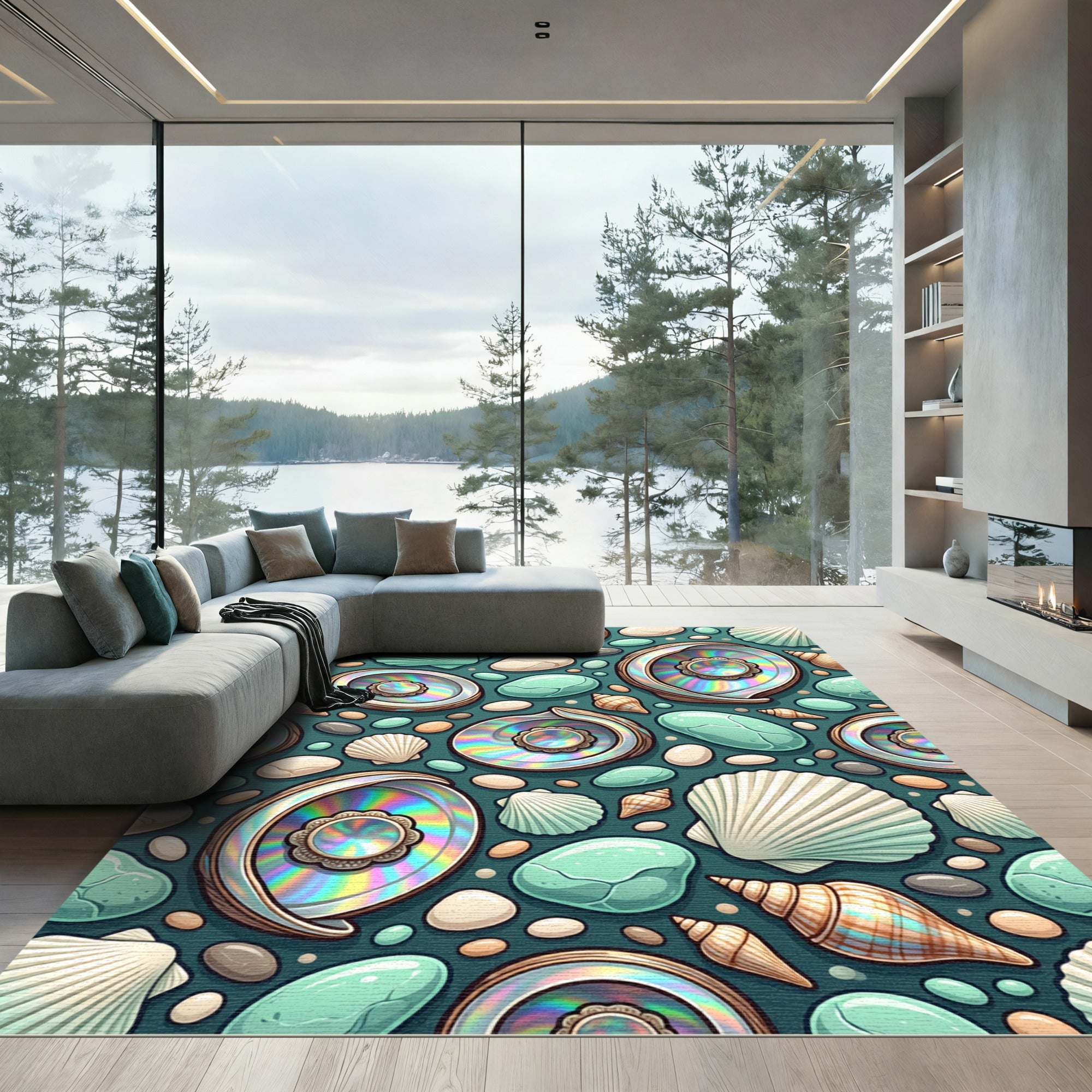 Iridescent Seashell and Pebble Coastal Stream Rug