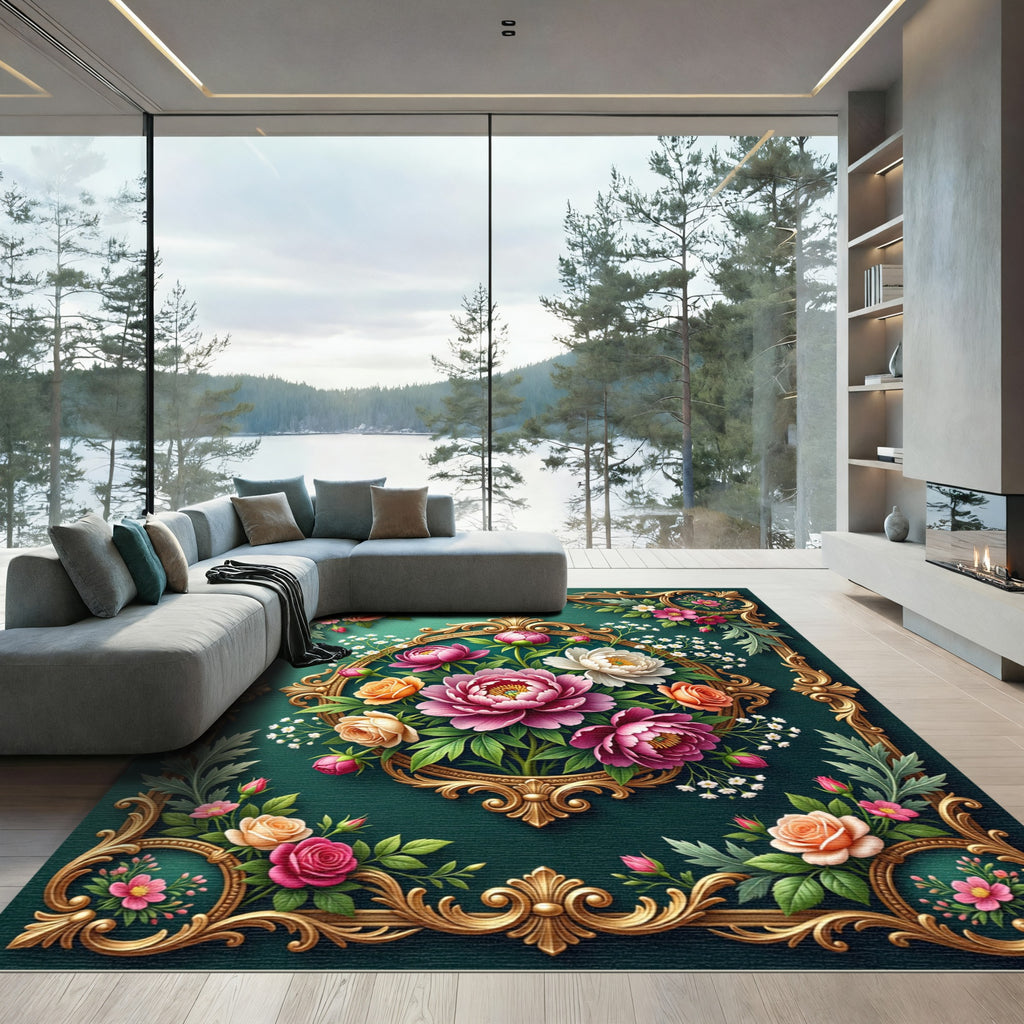 Ornate Golden Frame Peony Bouquet Rug