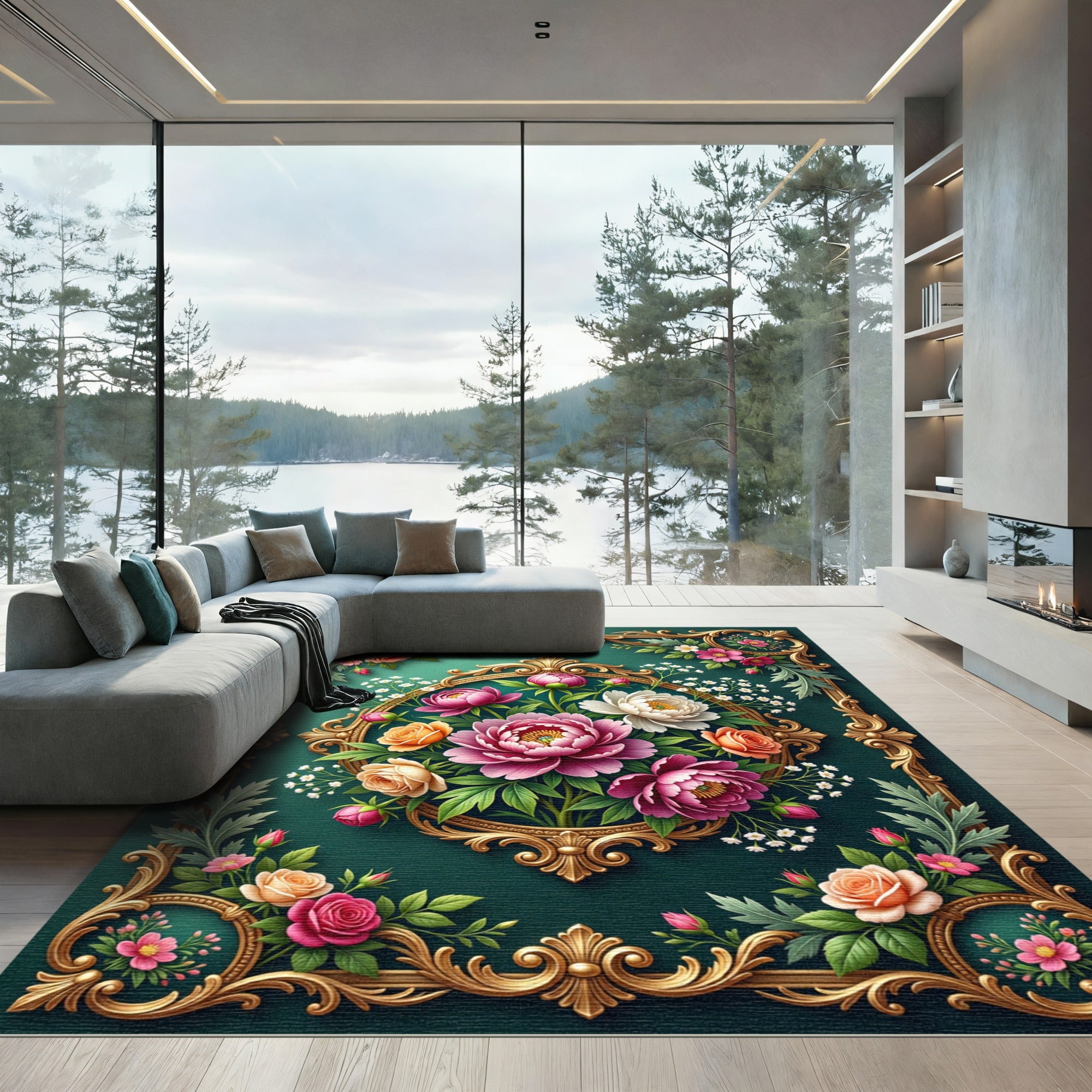Ornate Golden Frame Peony Bouquet Rug