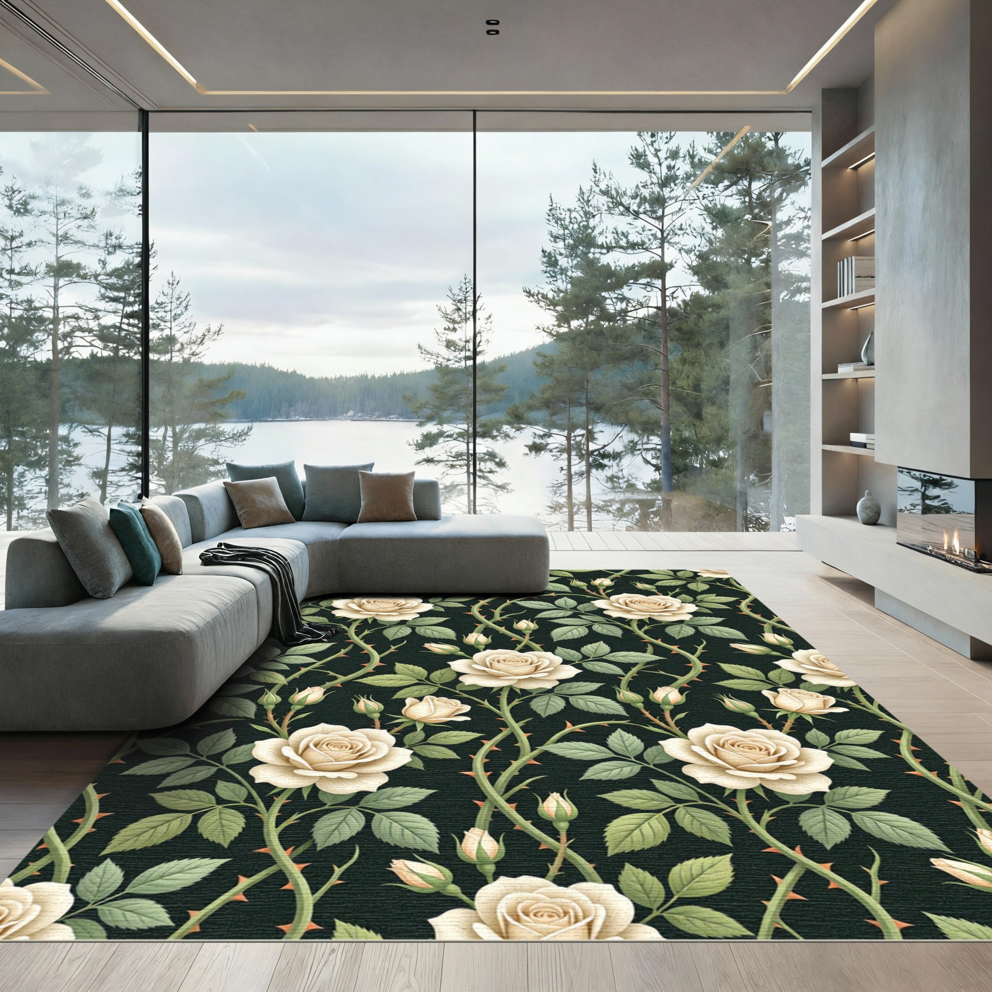 Elegant Cream Rose Trellis Dark Backdrop Rug