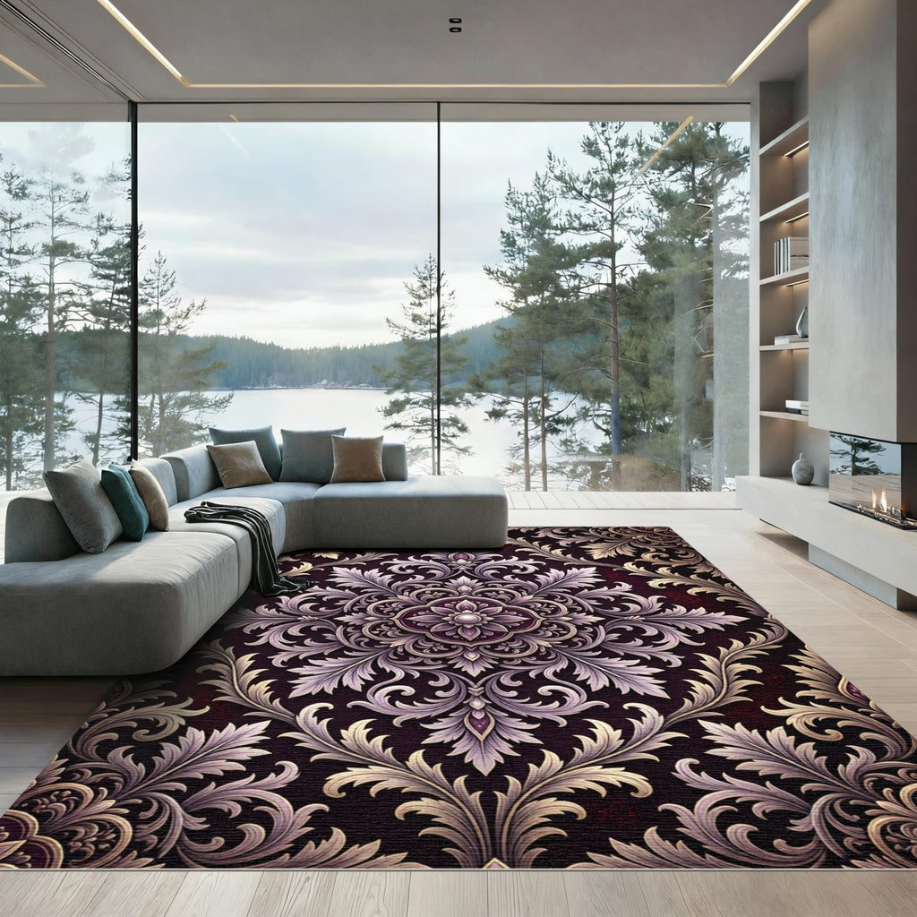 Ornate Plum Leaf Scrollwork Rug