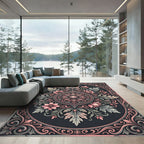 Ornate Pink Floral Medallion Dark Rug