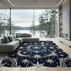 Celestial Silver Crescent and Star Night Sky Rug